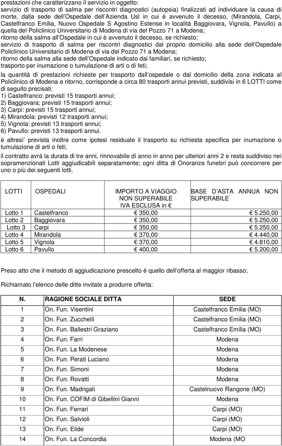 Modena di via del Pozzo 71 a Modena; ritorno della salma all Ospedale in cui è avvenuto il decesso, se richiesto; servizio di trasporto di salma per riscontri diagnostici dal proprio domicilio alla