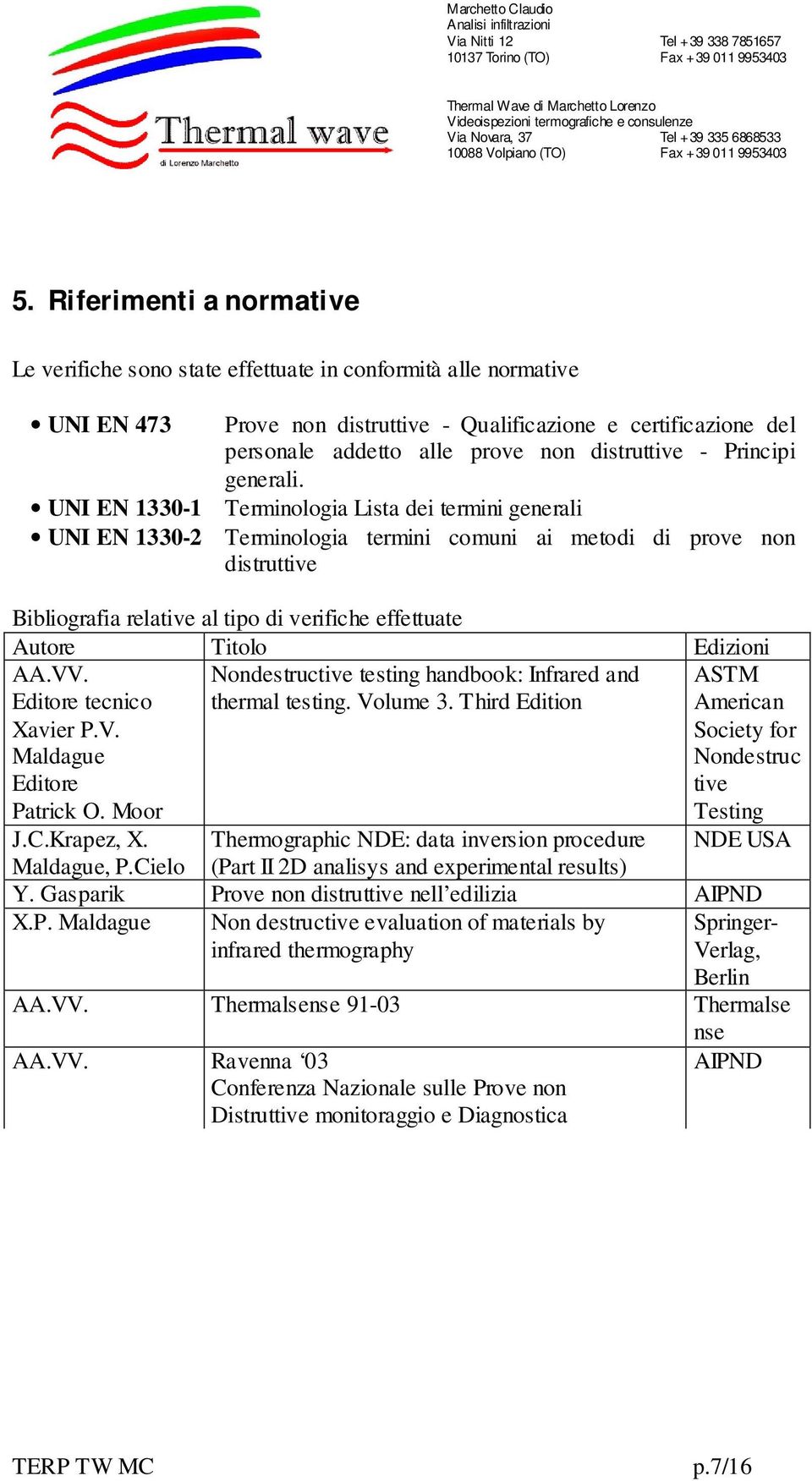 UNI EN 1330-1 Terminologia Lista dei termini generali UNI EN 1330-2 Terminologia termini comuni ai metodi di prove non distruttive Bibliografia relative al tipo di verifiche effettuate Autore Titolo
