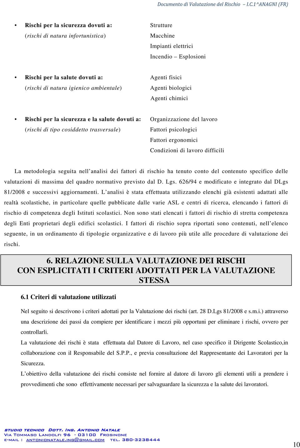 Condizioni di lavoro difficili La metodologia seguita nell analisi dei fattori di rischio ha tenuto conto del contenuto specifico delle valutazioni di massima del quadro normativo previsto dal D. Lgs.