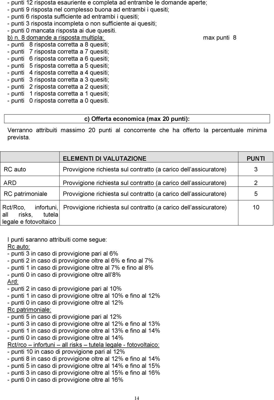 8 domande a risposta multipla: max punti 8 - punti 8 risposta corretta a 8 quesiti; - punti 7 risposta corretta a 7 quesiti; - punti 6 risposta corretta a 6 quesiti; - punti 5 risposta corretta a 5