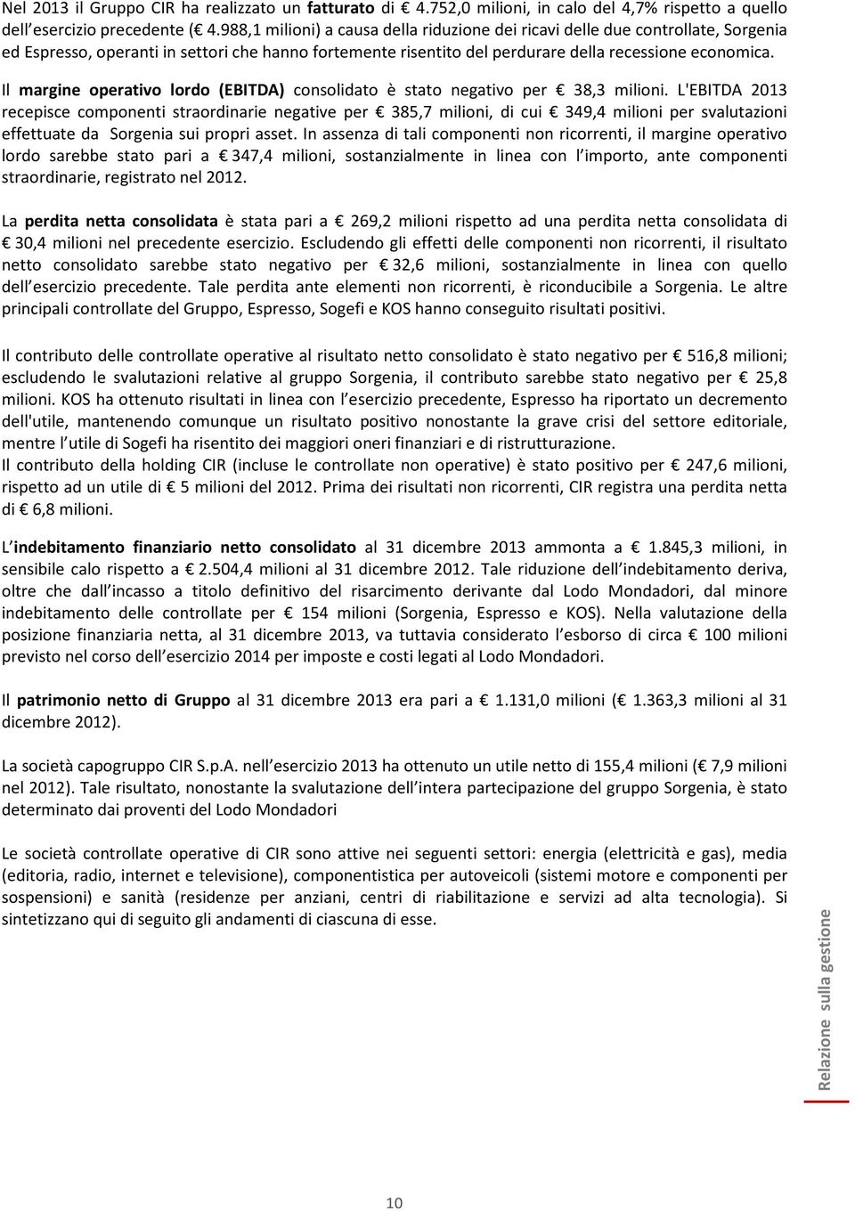 Il margine operativo lordo (EBITDA) consolidato è stato negativo per 38,3 milioni.