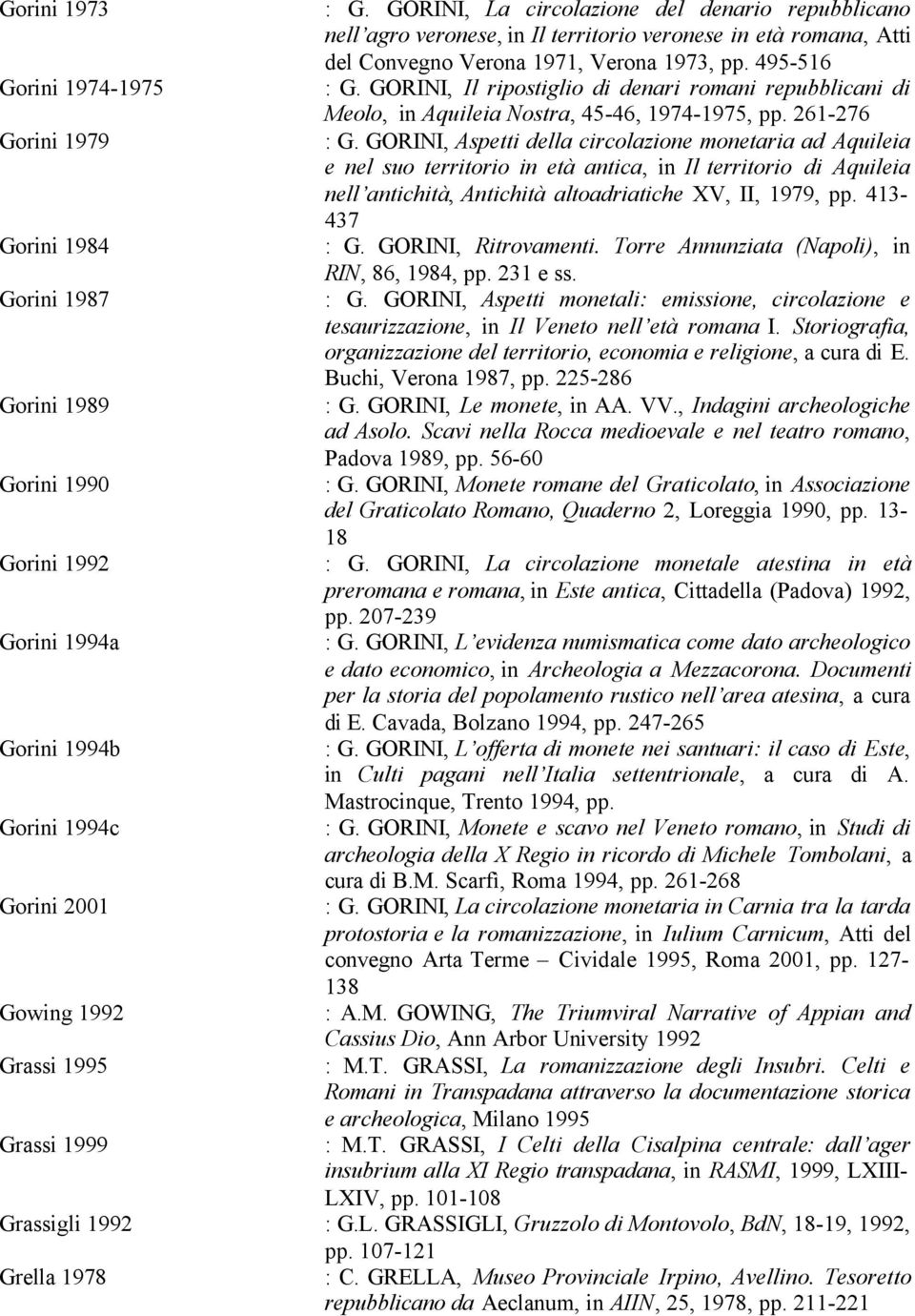 GORINI, Aspetti della circolazione monetaria ad Aquileia e nel suo territorio in età antica, in Il territorio di Aquileia nell antichità, Antichità altoadriatiche XV, II, 1979, pp.