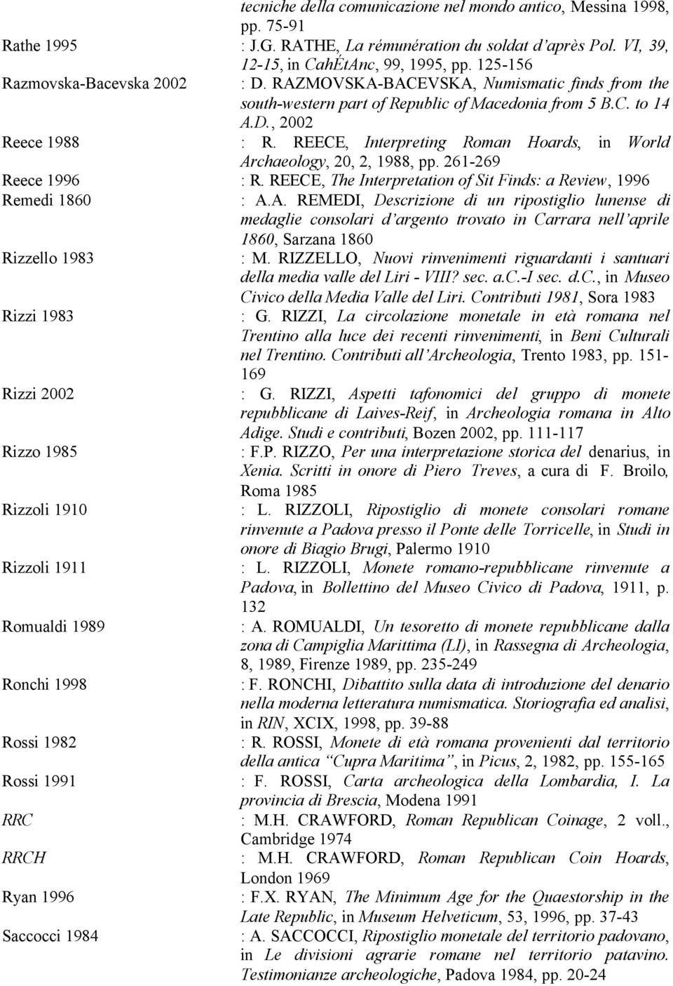 REECE, Interpreting Roman Hoards, in World Archaeology, 20, 2, 1988, pp. 261-269 Reece 1996 : R.