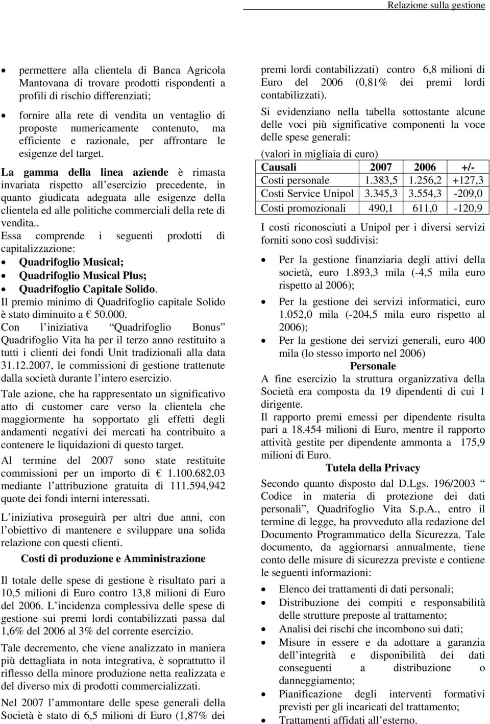 La gamma della linea aziende è rimasta invariata rispetto all esercizio precedente, in quanto giudicata adeguata alle esigenze della clientela ed alle politiche commerciali della rete di vendita.