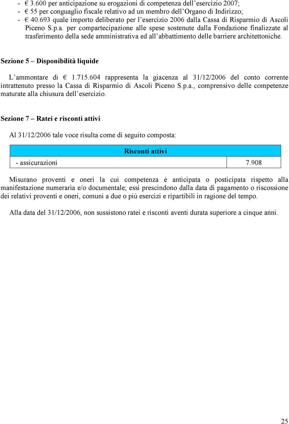 Sezione 5 Disponibilità liquide L ammontare di 1.715.604 rappresenta la giacenza al 31/12/2006 del conto corrente intrattenuto presso la Cassa di Risparmio di Ascoli Piceno S.p.a., comprensivo delle competenze maturate alla chiusura dell esercizio.