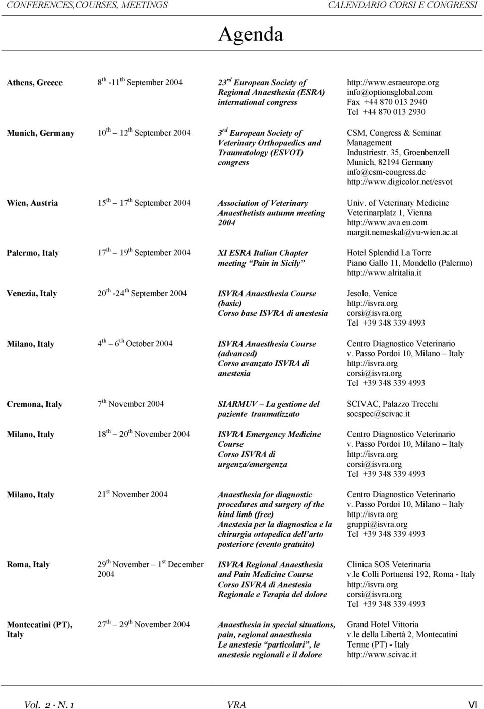 autumn meeting 2004 Palermo, Italy 17 th 19 th September 2004 XI ESRA Italian Chapter meeting Pain in Sicily Venezia, Italy 20 th -24 th September 2004 ISVRA Anaesthesia Course (basic) Corso base