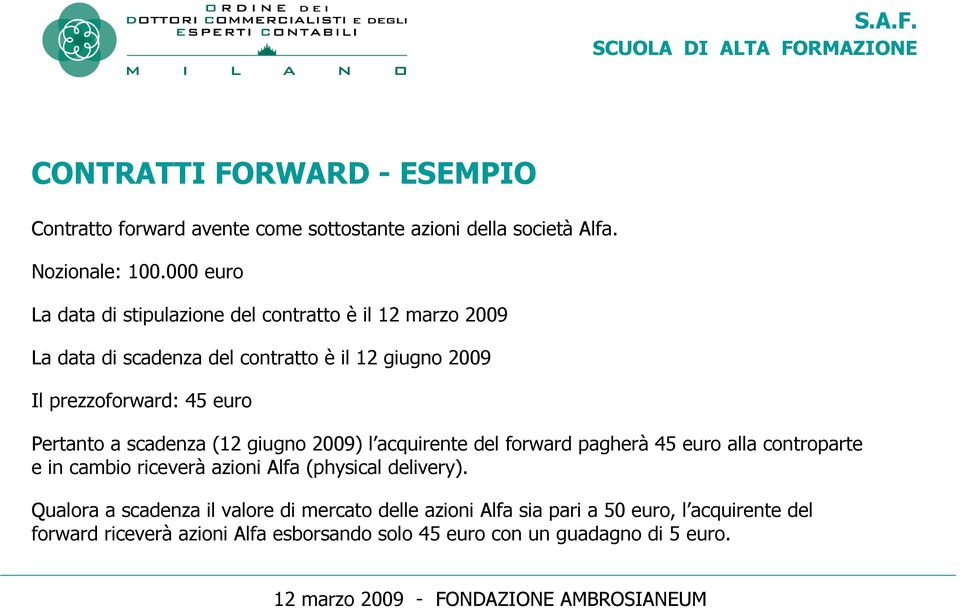 Pertanto a scadenza (12 giugno 2009) l acquirente del forward pagherà 45 euro alla controparte e in cambio riceverà azioni Alfa (physical