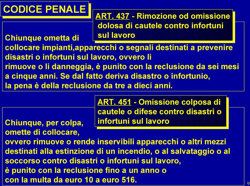 lavoro, ovvero li rimuove o li danneggia, è punito con la reclusione da sei mesi a cinque anni. Se dal fatto deriva disastro o infortunio, la pena è della reclusione da tre a dieci anni. ART.