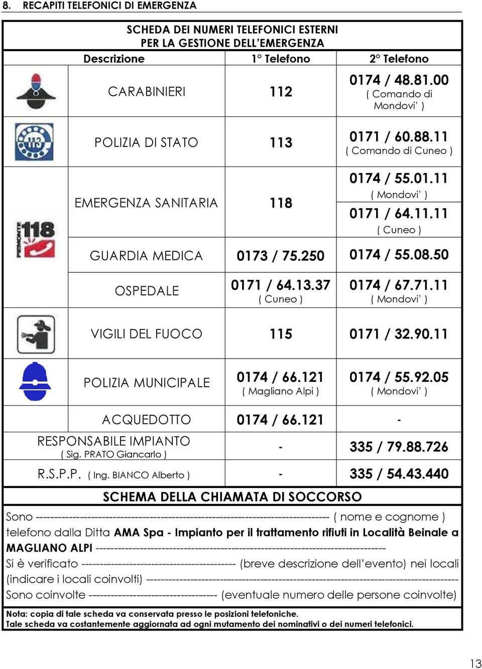 37 ( Cuneo ) 0174 / 67.71.11 ( Mondovi ) VIGILI DEL FUOCO 115 0171 / 32.90.11 POLIZIA MUNICIPALE 0174 / 66.121 ( Magliano Alpi ) 0174 / 55.92.05 ( Mondovi ) ACQUEDOTTO 0174 / 66.