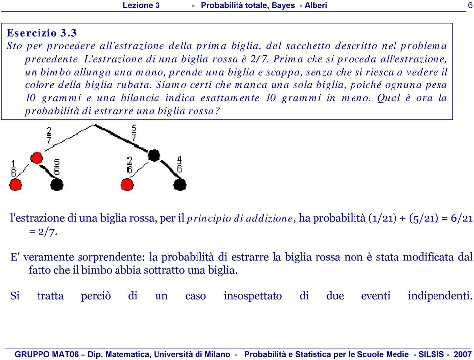 Siamo certi che manca una sola biglia, poiché ognuna pesa 0 grammi e una bilancia indica esattamente 0 grammi in meno. Qual è ora la probabilitàdi estrarre una biglia rossa?