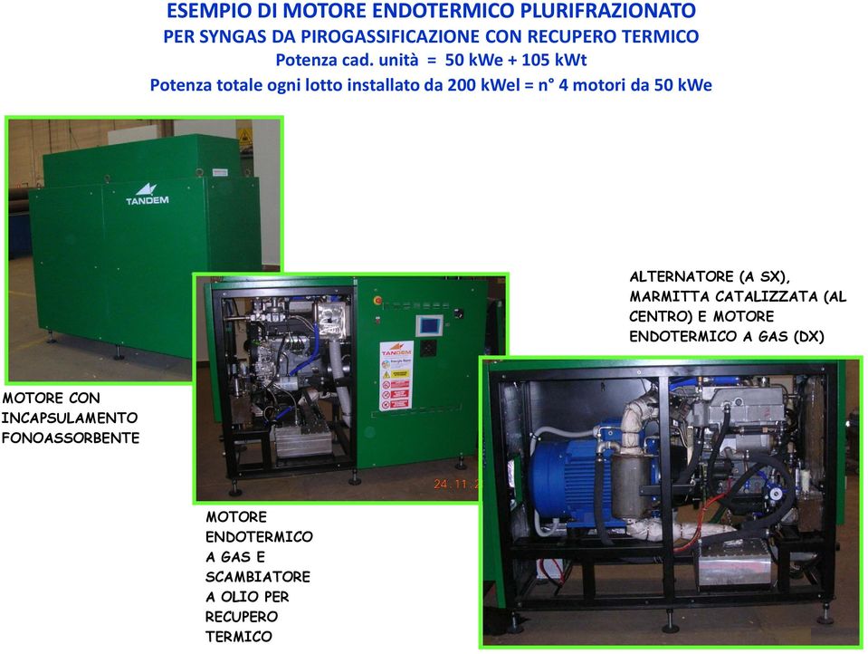 unità = 50 kwe + 105 kwt Potenza totale ogni lotto installato da 200 kwel = n 4 motori da 50 kwe