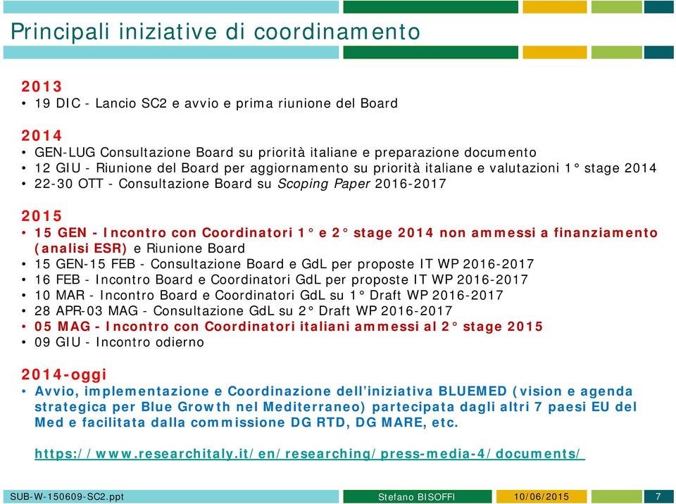 a finanziamento (analisi ESR) e Riunione Board 15 GEN-15 FEB - Consultazione Board e GdL per proposte IT WP 2016-2017 16 FEB - Incontro Board e Coordinatori GdL per proposte IT WP 2016-2017 10 MAR -