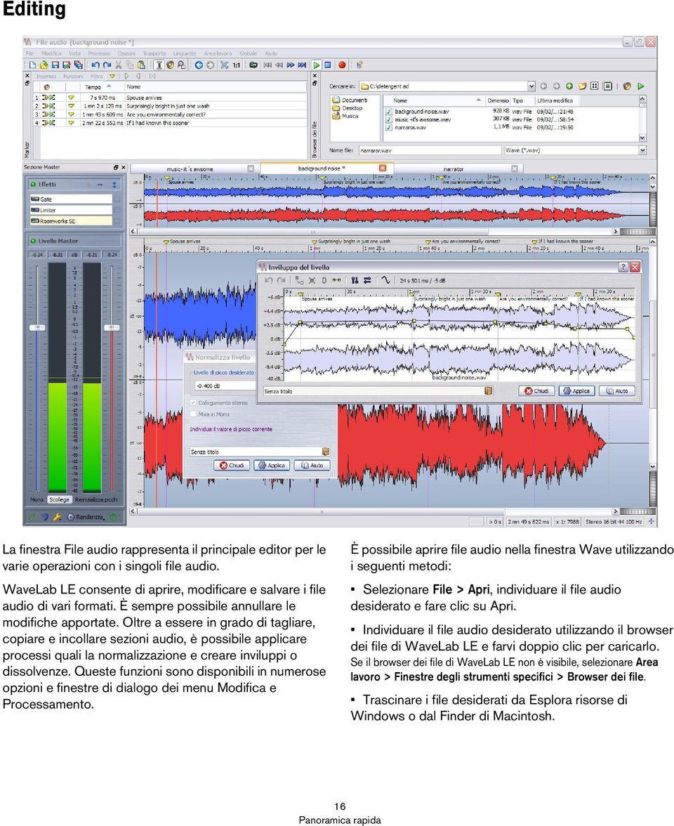 Oltre a essere in grado di tagliare, copiare e incollare sezioni audio, è possibile applicare processi quali la normalizzazione e creare inviluppi o dissolvenze.