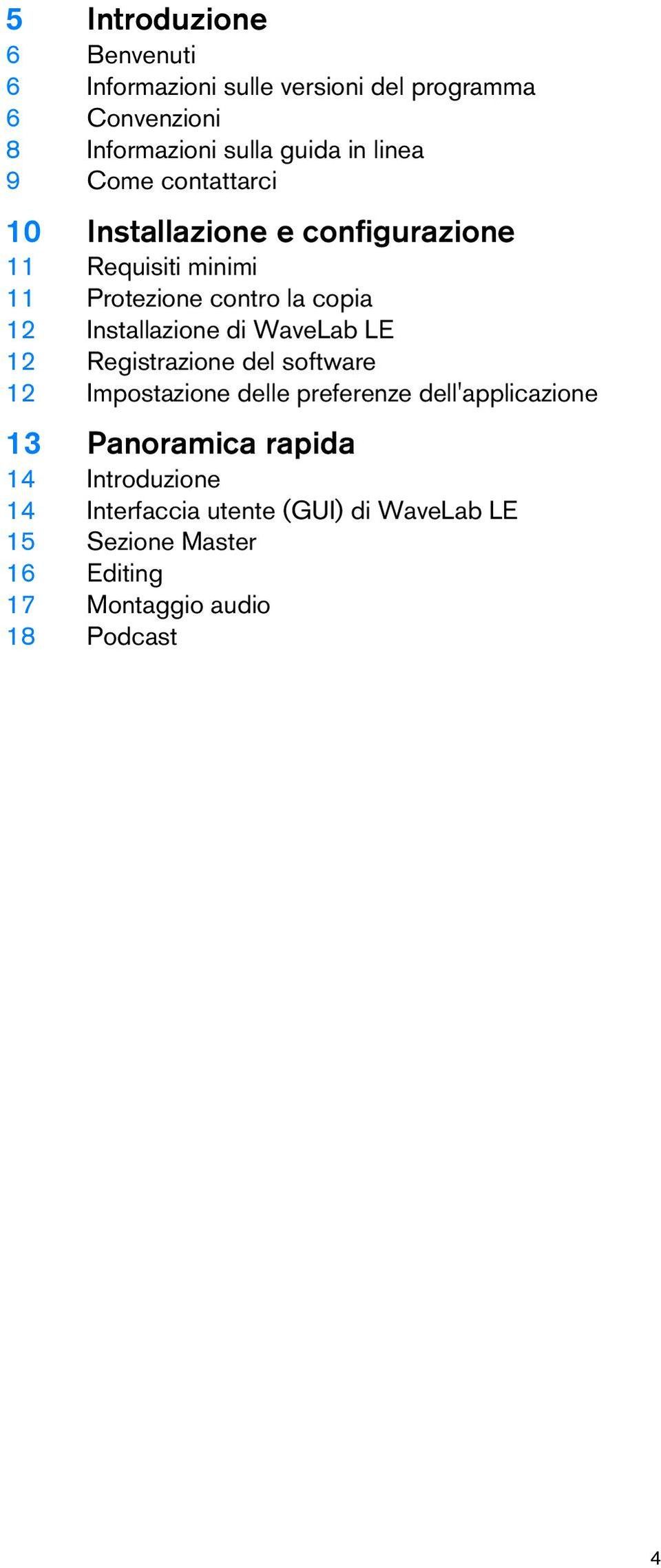 Installazione di WaveLab LE 12 Registrazione del software 12 Impostazione delle preferenze dell'applicazione 13