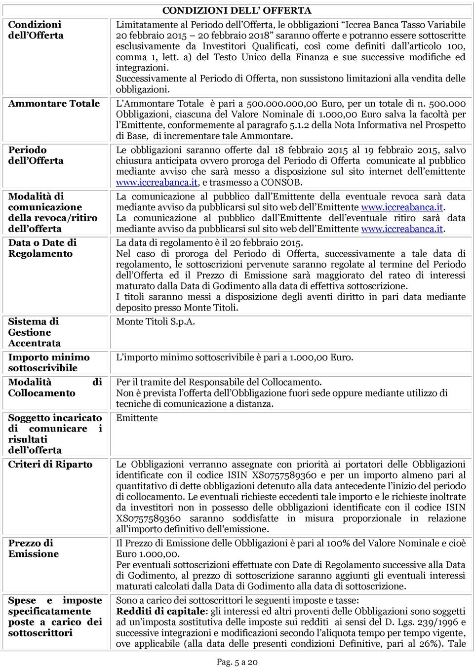 Successivamente al Periodo di Offerta, non sussistono limitazioni alla vendita delle obbligazioni. Ammontare Totale L Ammontare Totale è pari a 500.000.000,00 Euro, per un totale di n. 500.000 Obbligazioni, ciascuna del Valore Nominale di 1.