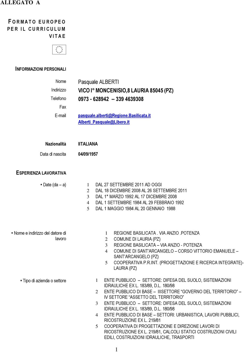 it Nazionalità IITALIANA Data di nascita 04/09/1957 ESPERIENZA LAVORATIVA Date (da a) 1 DAL 27 SETTEMBRE 2011 AD OGGI 2 DAL 18 DICEMBRE 2008 AL 26 SETTEMBRE 2011 3 DAL 1 MARZO 1992 AL 17 DICEMBRE