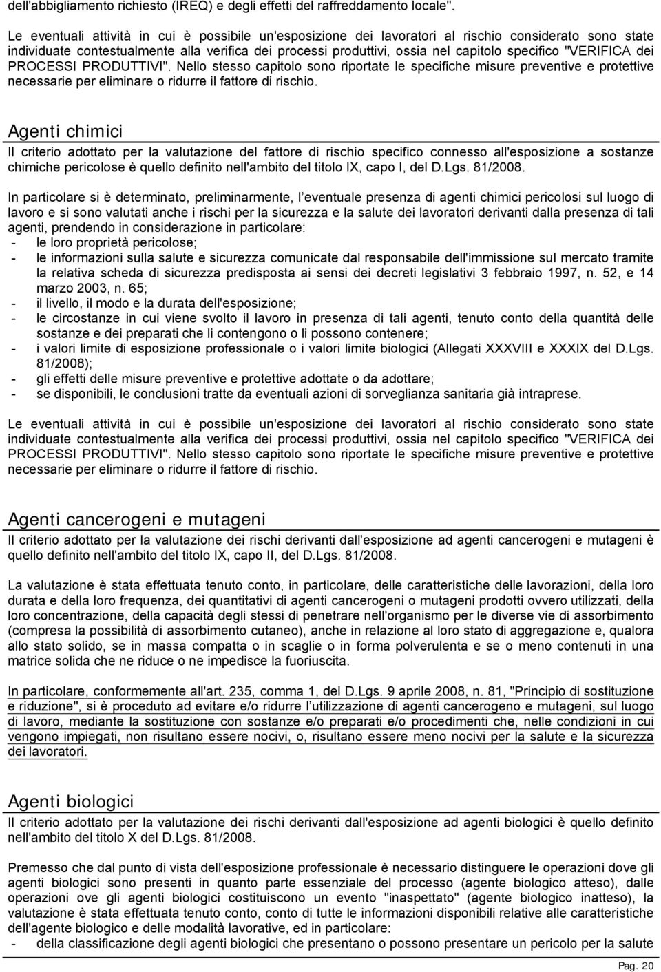 specifico "VERIFICA dei PROCESSI PRODUTTIVI". Nello stesso capitolo sono riportate le specifiche misure preventive e protettive necessarie per eliminare o ridurre il fattore di rischio.