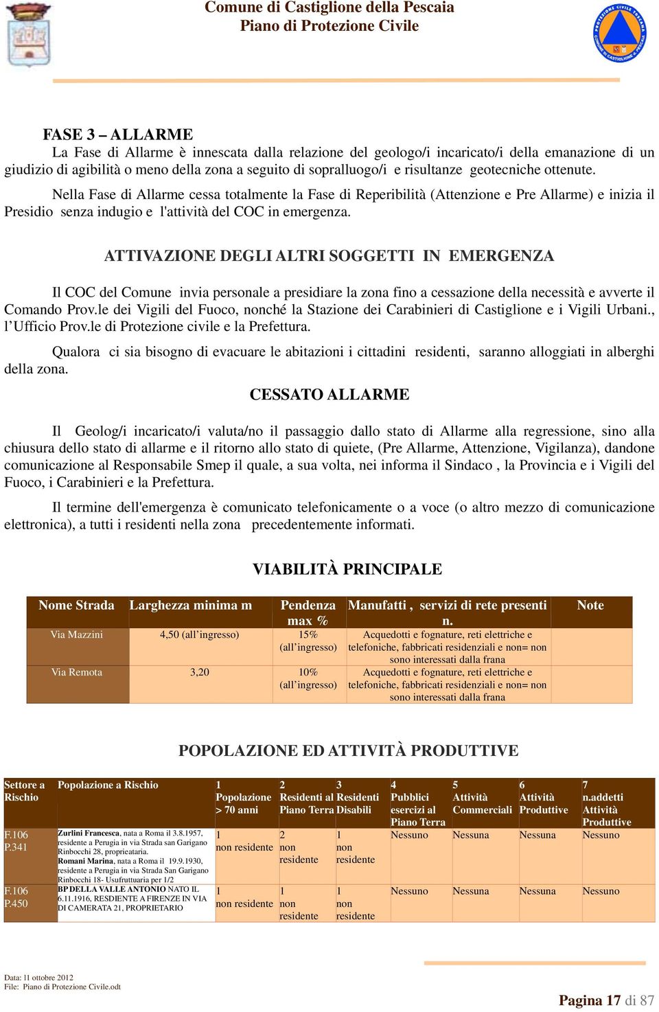 ATTIVAZIONE DEGLI ALTRI SOGGETTI IN EMERGENZA Il COC del Comune invia personale a presidiare la zona fino a cessazione della necessità e avverte il Comando Prov.