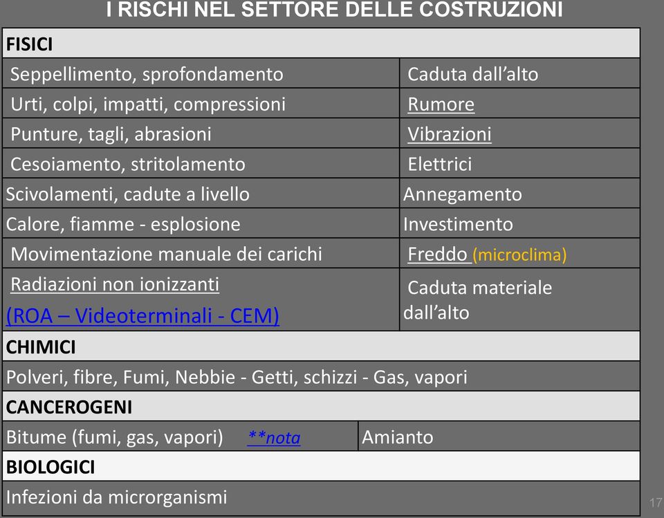 (ROA Videoterminali - CEM) CHIMICI Caduta dall alto Rumore Vibrazioni Elettrici Annegamento Investimento Polveri, fibre, Fumi, Nebbie - Getti,