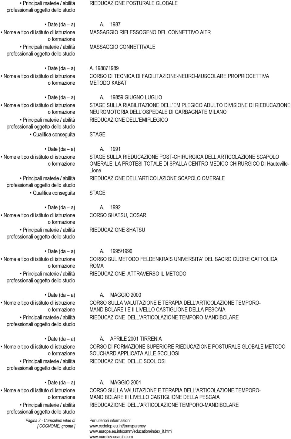 1991 STAGE SULLA RIEDUCAZIONE POST-CHIRURGICA DELL ARTICOLAZIONE SCAPOLO OMERALE: LA PROTESI TOTALE DI SPALLA CENTRO MEDICO CHIRURGICO DI Hauteville- Lione RIEDUCAZIONE DELL ARTICOLAZIONE SCAPOLO