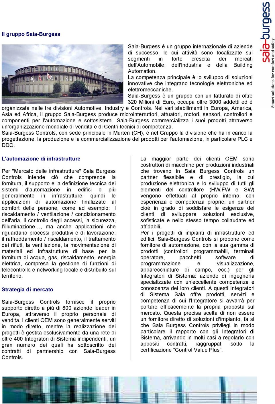 Saia-Burgess è un gruppo con un fatturato di oltre 320 Milioni di Euro, occupa oltre 3000 addetti ed è organizzata nelle tre divisioni Automotive, Industry e Controls.