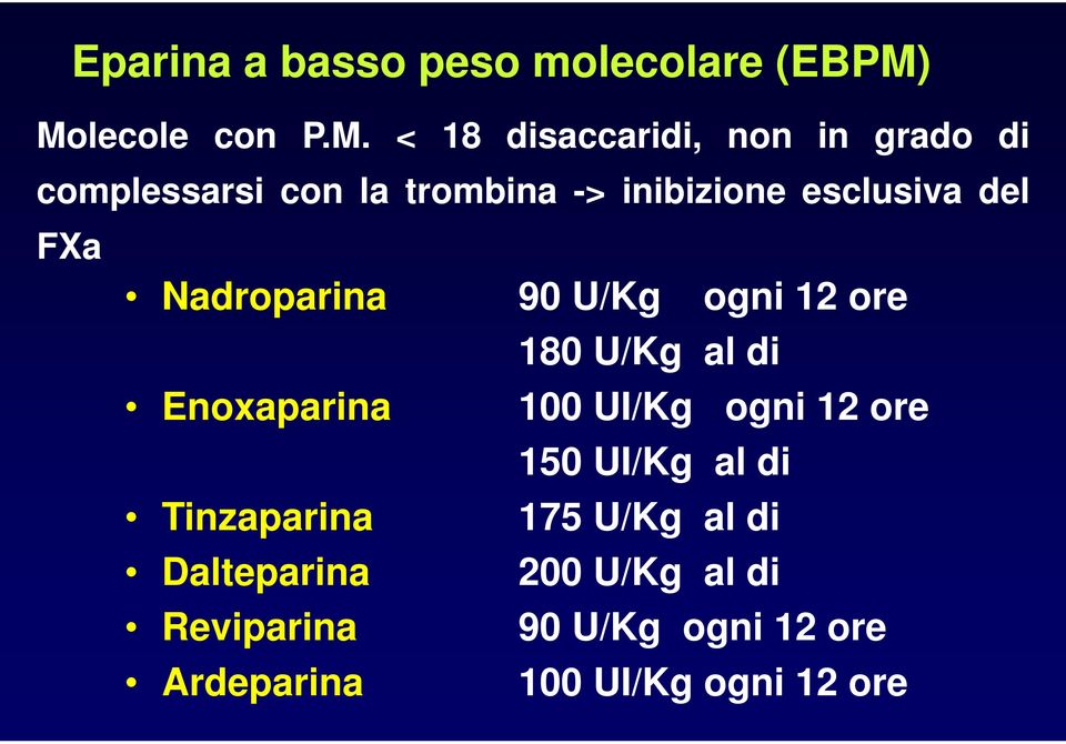 inibizione esclusiva del FXa Nadroparina 90 U/Kg ogni 12 ore 180 U/Kg al di Enoxaparina 100