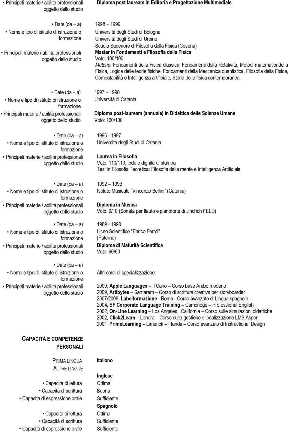 Fondamenti e Filosofia della Fisica Voto: 100/100 Materie: Fondamenti della Fisica classica, Fondamenti della Relatività, Metodi matematici della Fisica, Logica delle teorie fisiche, Fondamenti della