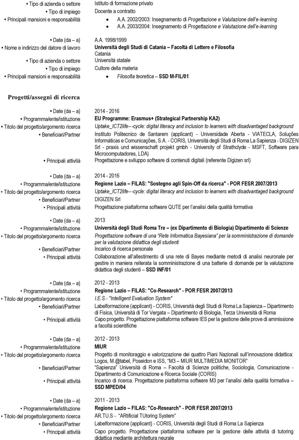 datore di lavoro Università degli Studi di Catania Facoltà di Lettere e Filosofia Catania Tipo di impiego Cultore della materia Principali mansioni e responsabilità Filosofia teoretica SSD M-FIL/01