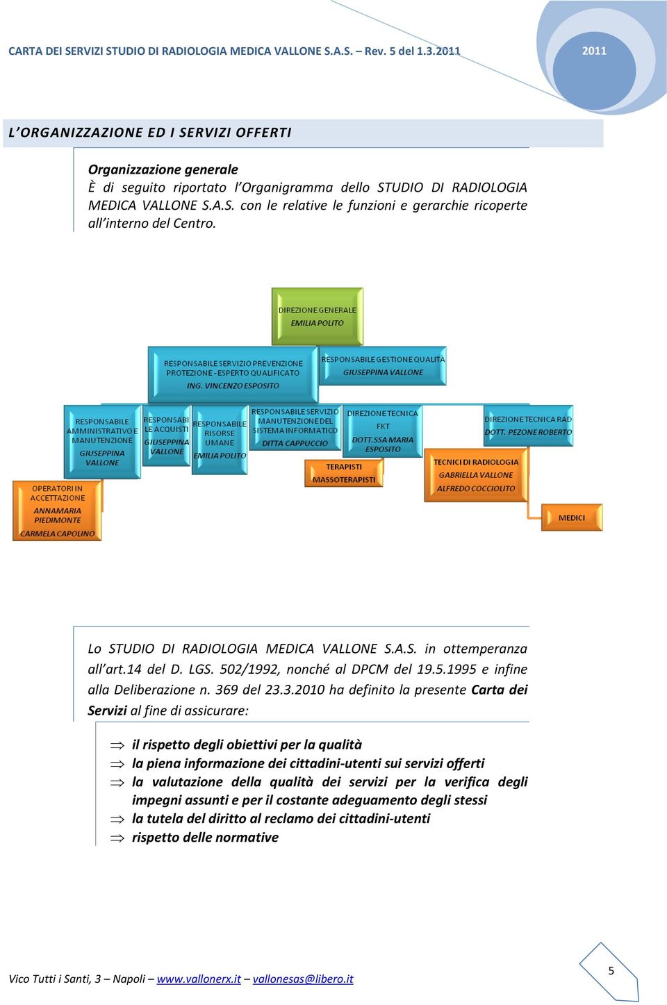 Lo STUDIO DI RADIOLOGIA MEDICA VALLONE S.A.S. in ottemperanza all art.14 del D. LGS. 502/1992, nonché al DPCM del 19.5.1995 e infine alla Deliberazione n. 36