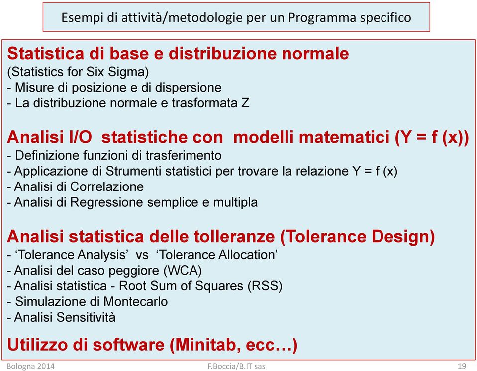 relazione Y = f (x) - Analisi di Correlazione - Analisi di Regressione semplice e multipla Analisi statistica delle tolleranze (Tolerance Design) - Tolerance Analysis vs Tolerance