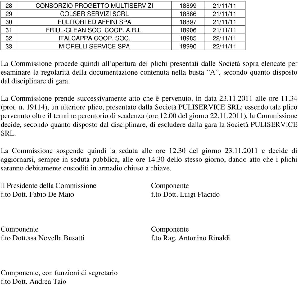 18985 22/11/11 33 MIORELLI SERVICE SPA 18990 22/11/11 La Commissione procede quindi all apertura dei plichi presentati dalle Società sopra elencate per esaminare la regolarità della documentazione