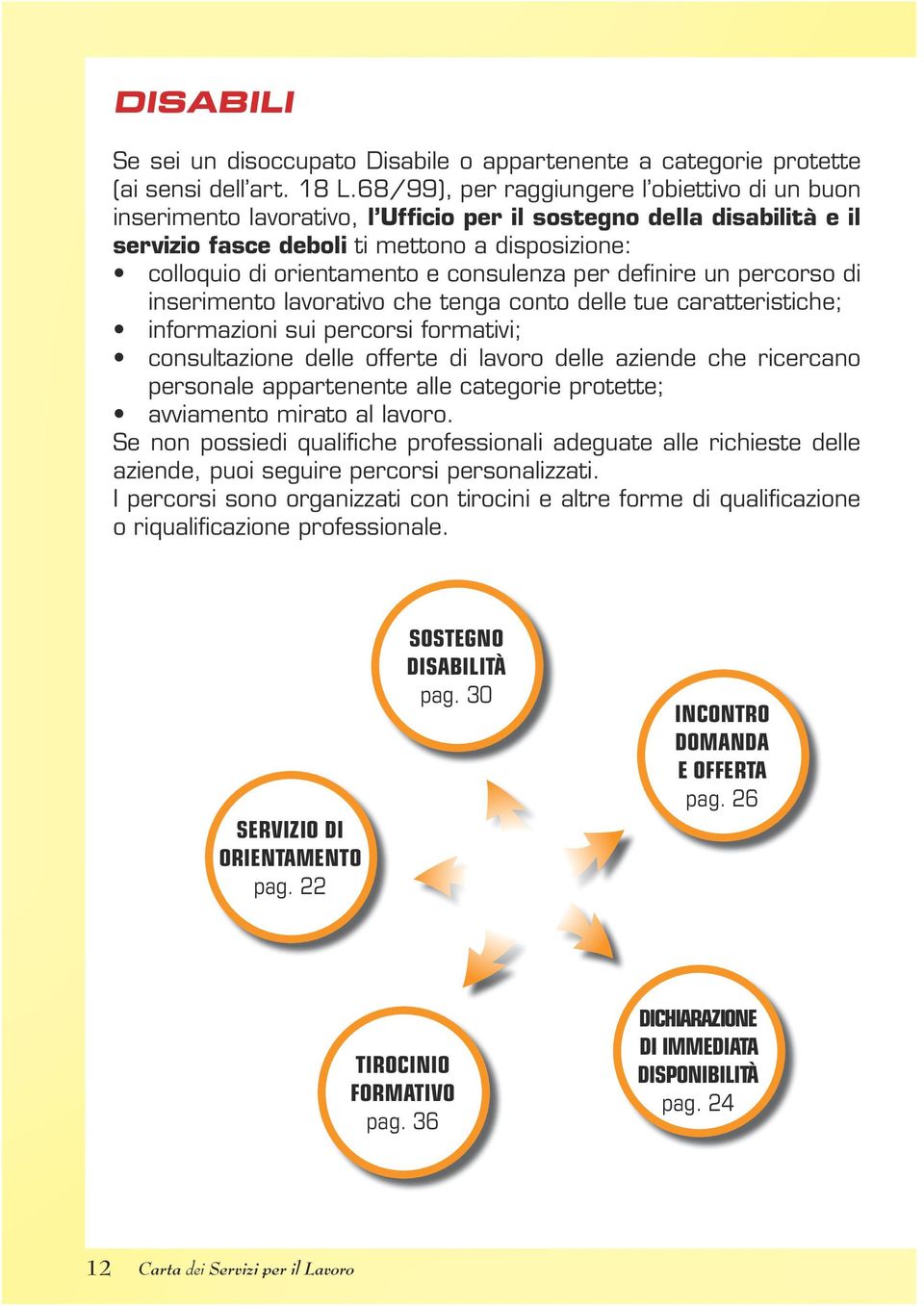 consulenza per definire un percorso di inserimento lavorativo che tenga conto delle tue caratteristiche; informazioni sui percorsi formativi; consultazione delle offerte di lavoro delle aziende che