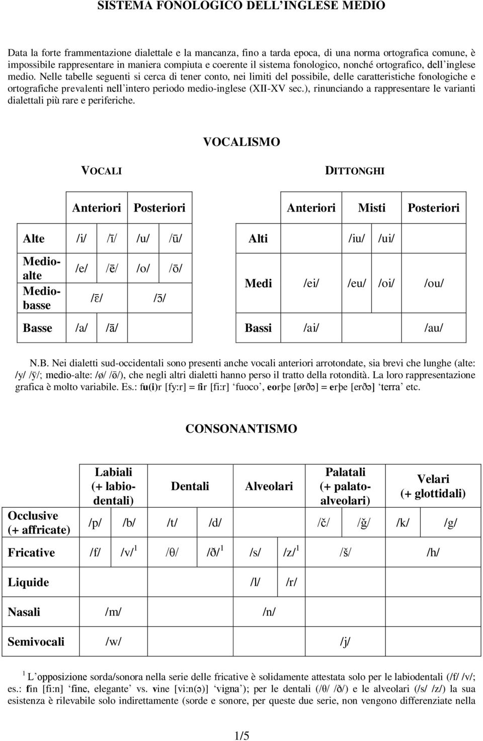 Nelle tabelle seguenti si cerca di tener conto, nei limiti del possibile, delle caratteristiche fonologiche e ortografiche prevalenti nell intero periodo medio-inglese (XII-XV sec.