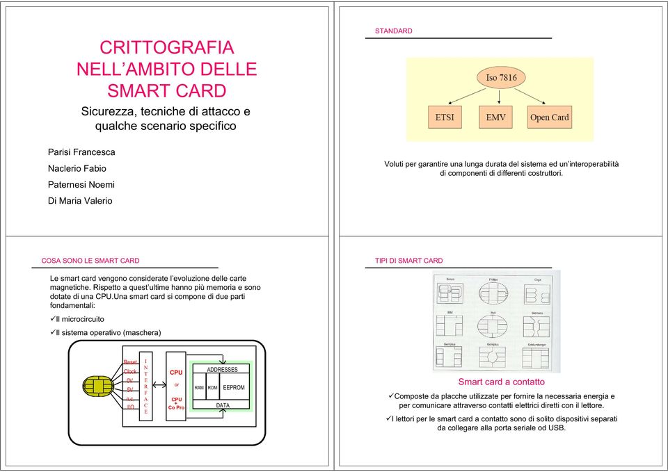 Di Maria Valerio COSA SONO LE SMART CARD TIPI DI SMART CARD Le smart card vengono considerate l evoluzione delle carte magnetiche. Rispetto a quest ultime hanno più memoria e sono dotate di una CPU.