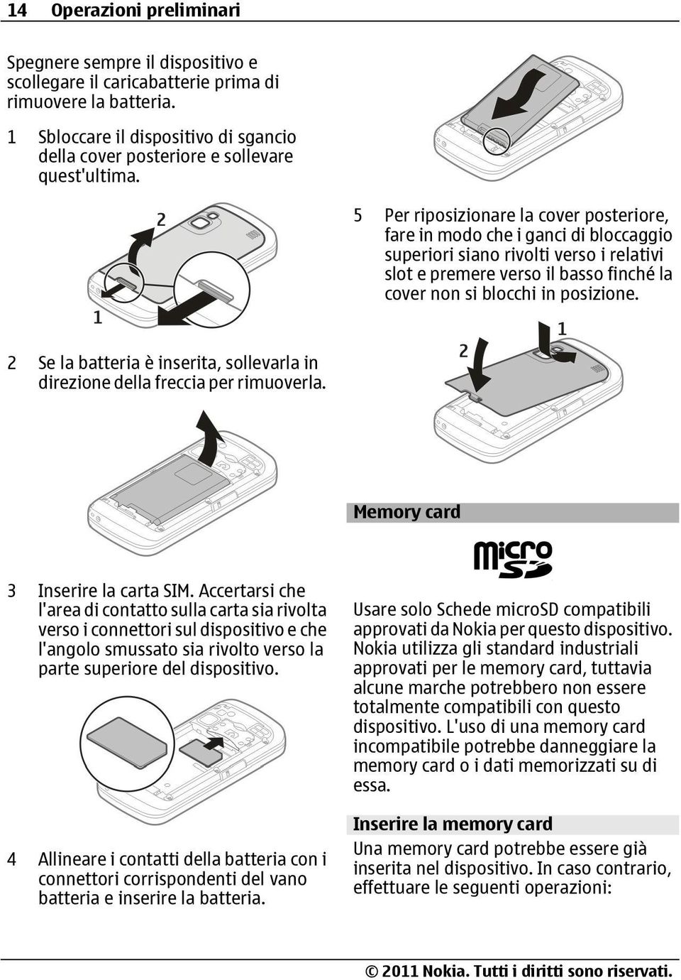 5 Per riposizionare la cover posteriore, fare in modo che i ganci di bloccaggio superiori siano rivolti verso i relativi slot e premere verso il basso finché la cover non si blocchi in posizione.