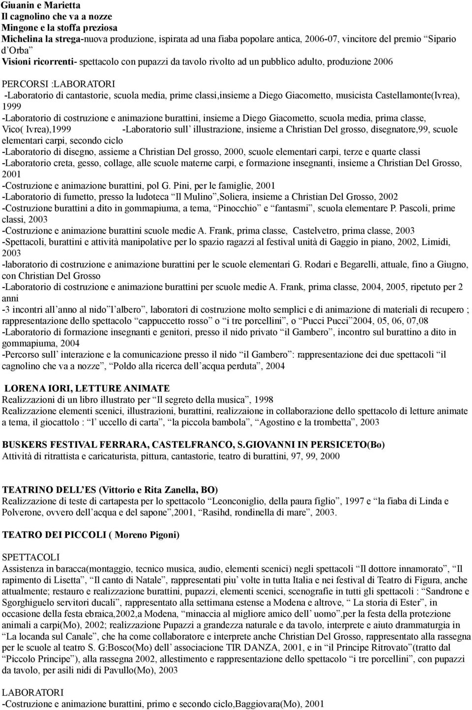 Giacometto, musicista Castellamonte(Ivrea), 1999 -Laboratorio di costruzione e animazione burattini, insieme a Diego Giacometto, scuola media, prima classe, Vico( Ivrea),1999 -Laboratorio sull