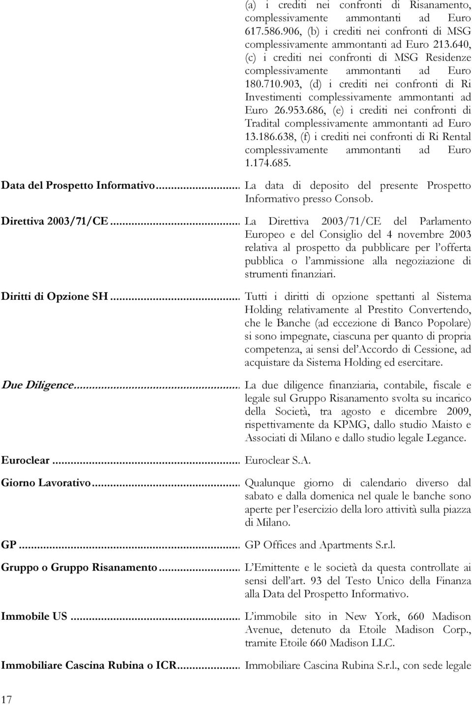 686, (e) i crediti nei confronti di Tradital complessivamente ammontanti ad Euro 13.186.638, (f) i crediti nei confronti di Ri Rental complessivamente ammontanti ad Euro 1.174.685.