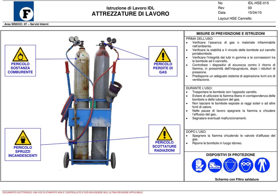 Verificare l integrità dei tubi in gomma e le connessioni tra le bombole ed il cannello.