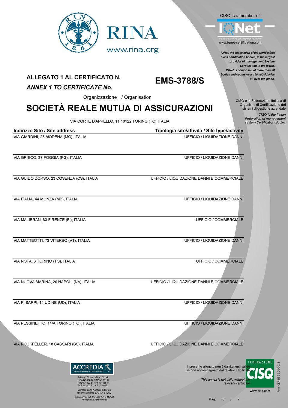 ITALIA VIA NOTA, 3 TORINO (TO), ITALIA VIA NUOVA MARINA, 20 NAPOLI (NA), ITALIA E COMMERCIALE VIA P.