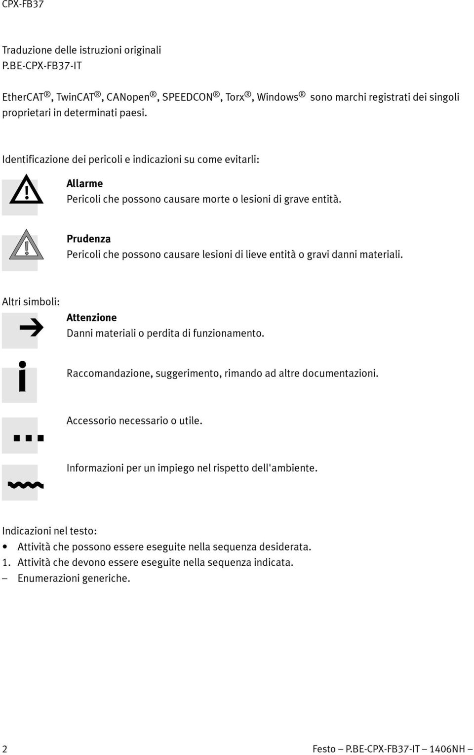 Prudenza Pericoli che possono causare lesioni di lieve entità o gravi danni materiali. Altri simboli: Attenzione Danni materiali o perdita di funzionamento.