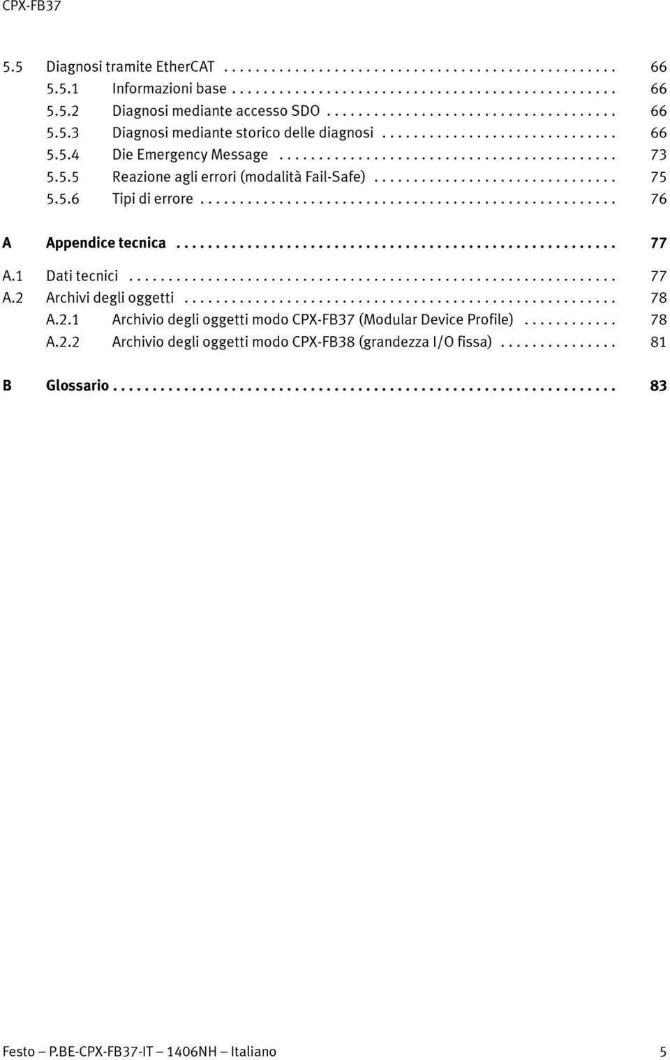 .. 77 A.1 Dati tecnici... 77 A.2 Archivi degli oggetti... 78 A.2.1 Archivio degli oggetti modo CPX-FB37 (Modular Device Profile)... 78 A.2.2 Archivio degli oggetti modo CPX-FB38 (grandezza I/O fissa).