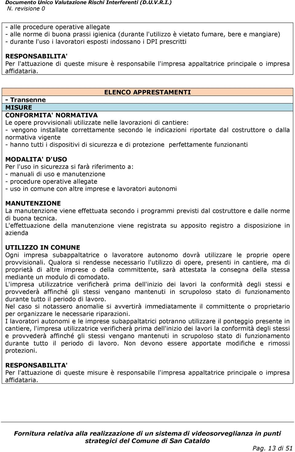 ELENCO APPRESTAMENTI - Transenne MISURE CONFORMITA' NORMATIVA Le opere provvisionali utilizzate nelle lavorazioni di cantiere: - vengono installate correttamente secondo le indicazioni riportate dal