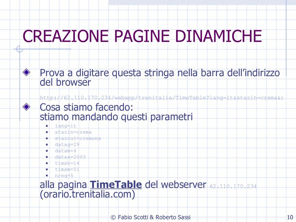 lang=it&stazin=crema&stazo Cosa stiamo facendo: stiamo mandando questi parametri lang=it stazin=crema