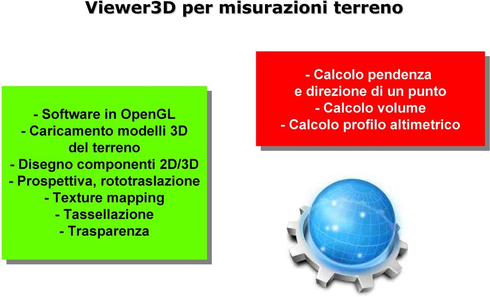 Texture Texture mapping -- Tassellazione -- Trasparenza -- Calcolo Calcolo pendenza e direzione