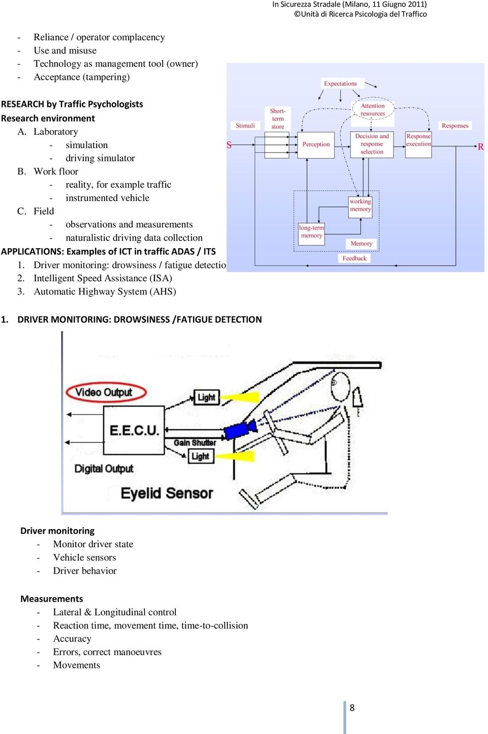 Field - observations and measurements - naturalistic driving data collection APPLICATIONS: Examples of ICT in traffic ADAS / ITS 1. Driver monitoring: drowsiness / fatigue detection 2.