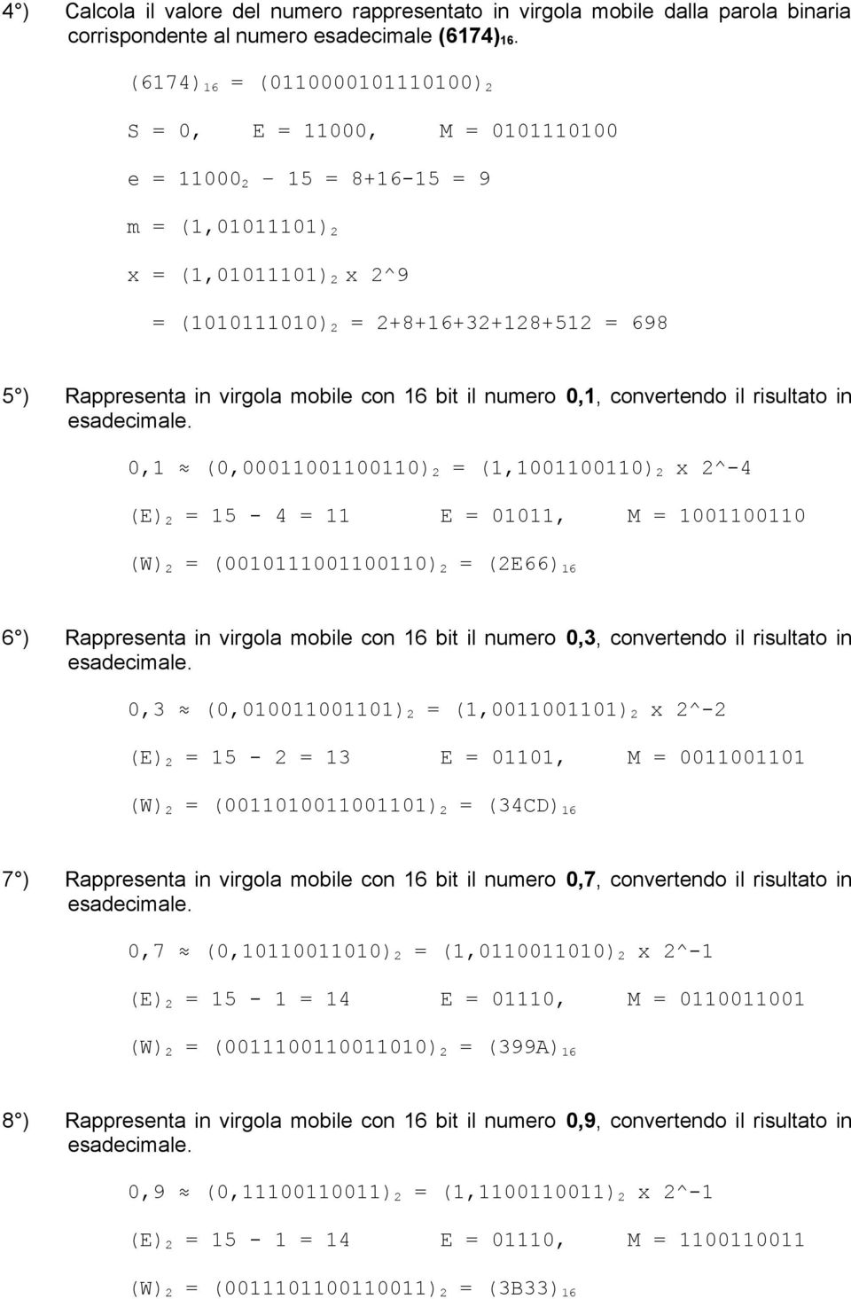 in virgola mobile con 16 bit il numero 0,1, convertendo il risultato in esadecimale.