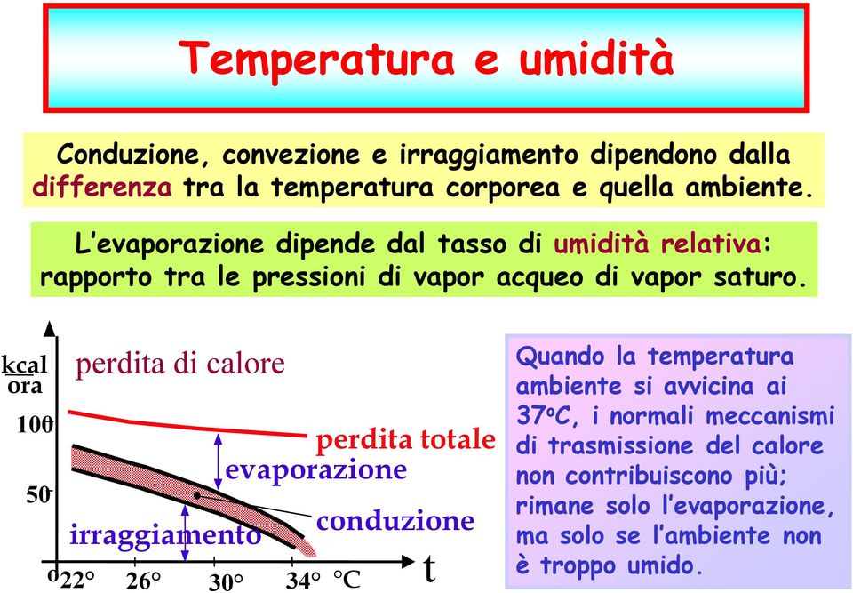 kcal ora 100 50 perdita di calore irraggiamento o 22 26 30 34 perdita totale evaporazione conduzione C t Quando la temperatura ambiente