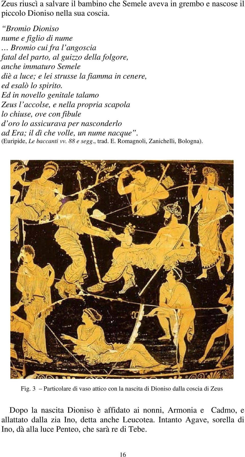 Ed in novello genitale talamo Zeus l accolse, e nella propria scapola lo chiuse, ove con fibule d oro lo assicurava per nasconderlo ad Era; il dì che volle, un nume nacque. (Euripide, Le baccanti vv.