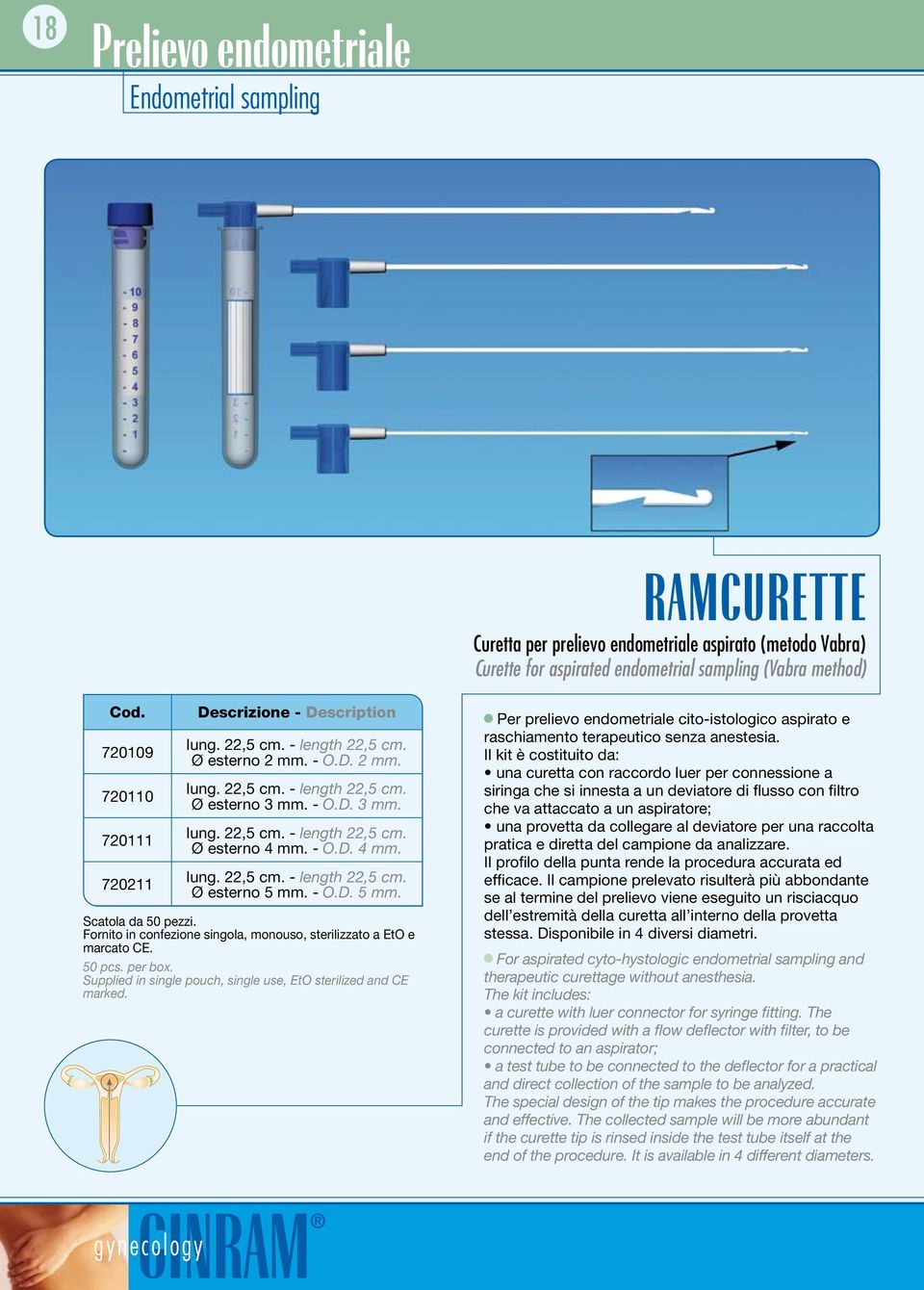 - O.D. 5 mm. Scatola da 50 pezzi. Fornito in confezione singola, monouso, sterilizzato a EtO e marcato CE. 50 pcs. per box. Supplied in single pouch, single use, EtO sterilized and CE marked.