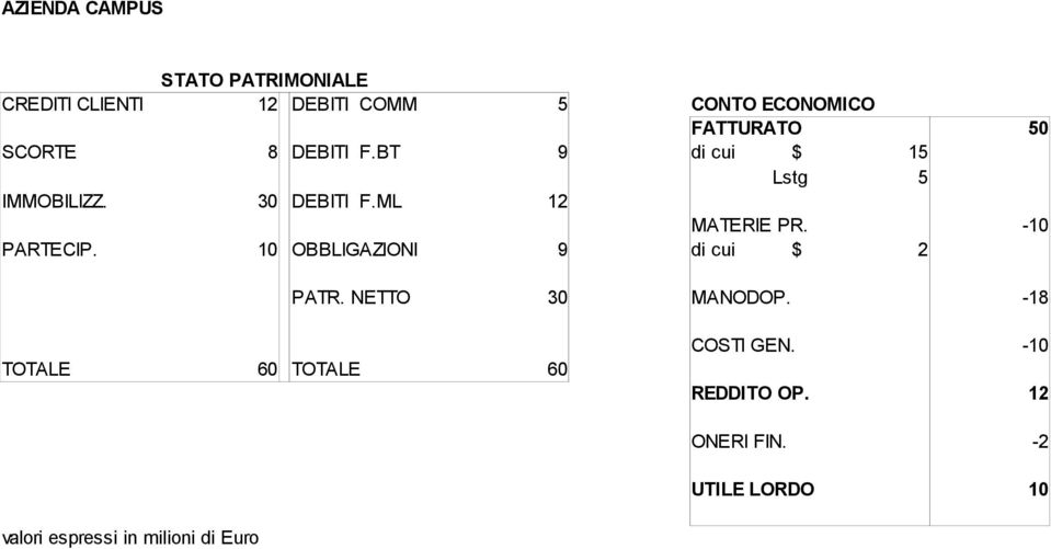 ML 12 MATERIE PR. -10 PARTECIP. 10 OBBLIGAZIONI 9 di cui $ 2 PATR. NETTO 30 MANODOP.